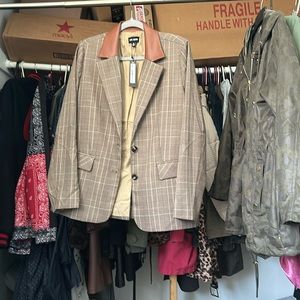 Steve Madden plaid blazer with faux leather collar